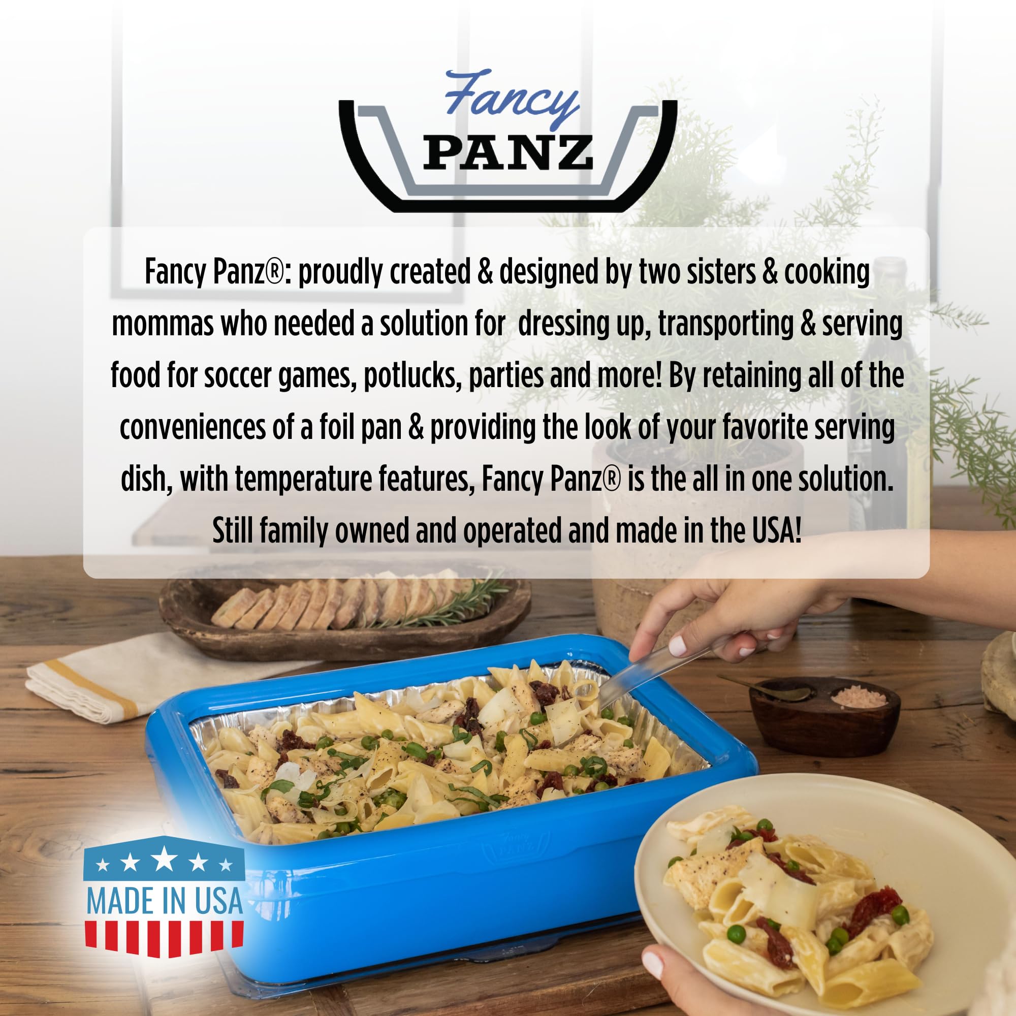 Fancy Panz Premium, Serving Tray for Food, Made in the USA Foil Pan Carrier, Stackable Aluminum Pan Holders, Travel Casserole Carrier, White