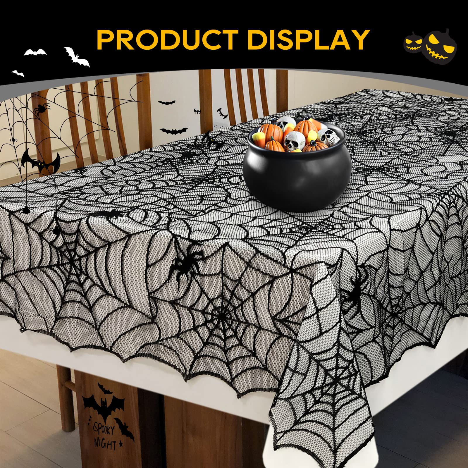 eZAKKA Halloween Table Cloth, 60"x104" Spider Webs Tablecloths Black Tablecloth Lace Fabric Table Cloths Spooky Table Cover for Rectangle Tables for Parties Gothic Halloween Home Decorations