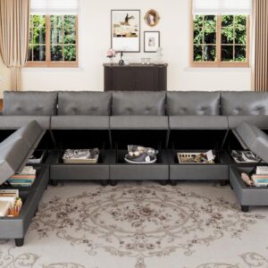 LLappuil Modular Sectional Sofa with Reversible Chaise, U Shaped Couch with Storage, Modern Faux Leather Fabric Sofa with Ottoman, Oversized Sectionals for Living Room, 8 Seat, Dark Grey