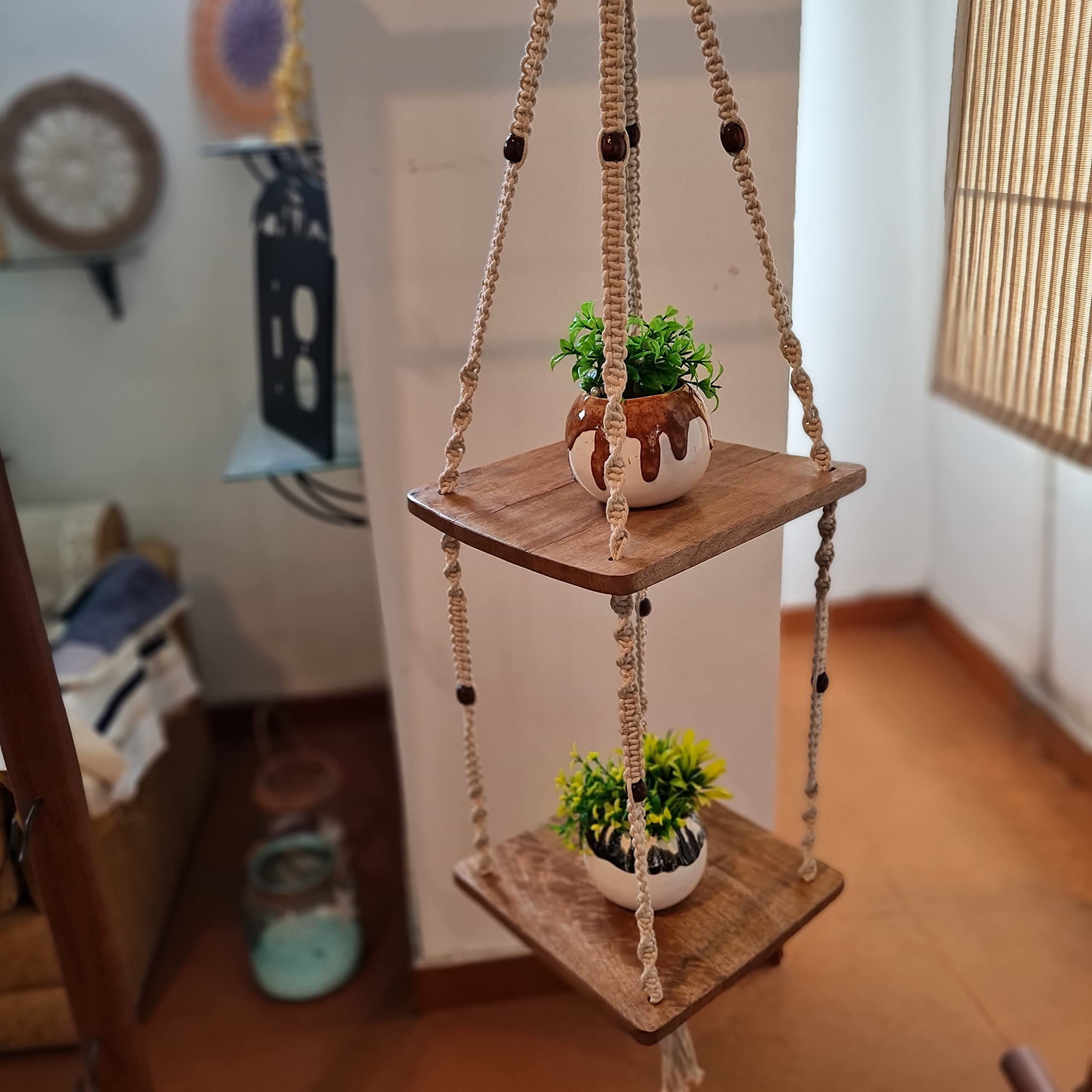 OAM Elegant Hanging Shelf - Wood Hanging Shelves - Farmhouse Rope Shelves for Bedroom Living Room Bathroom | Hanging Plant Shelf - Square 2 Tier Floating Shelf (Triangle Mount) | Black Beads