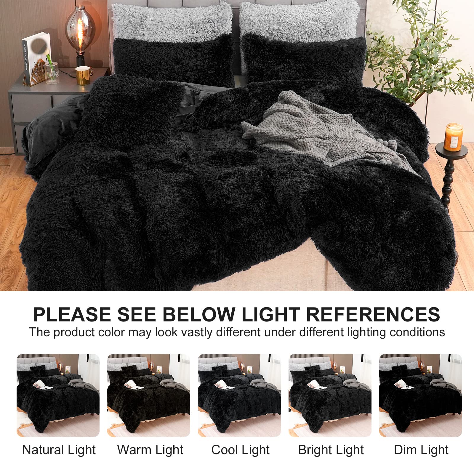 Fluffy Plush Black Duvet Cover Set, Luxury Ultra Soft Velvet Fuzzy Comforter Cover Bed Sets 4Pcs(1 Faux Fur Duvet Cover + 2 Pillow Cases + 1 Pillow Cover) Zipper Closure (Queen, Black)