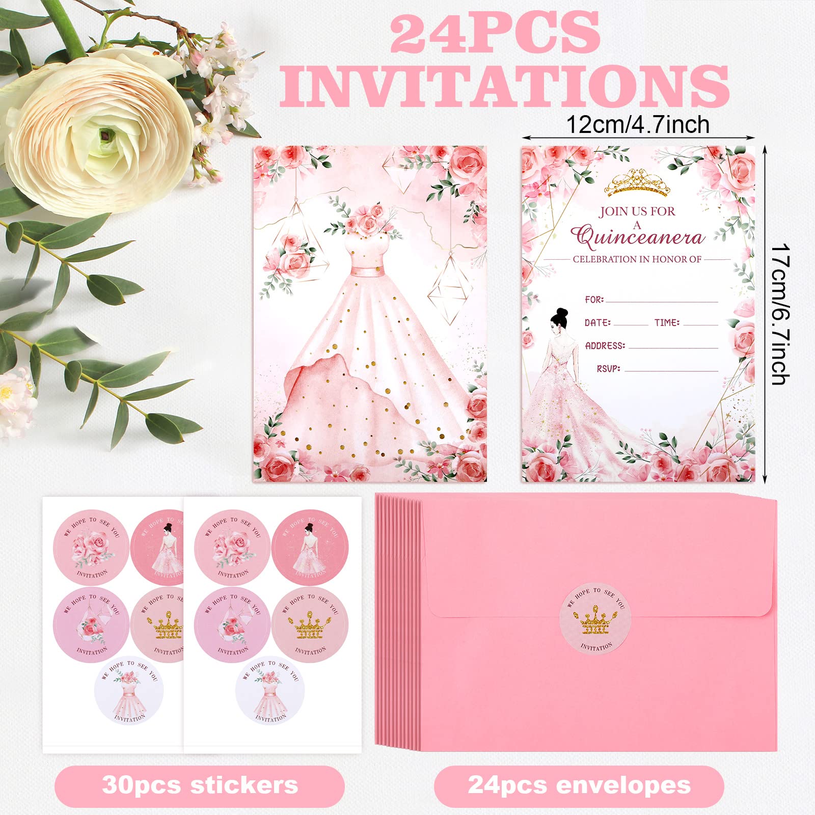 24 Sets Quinceanera Invitations Kit Include Quinceanera Invitation Cards with Envelopes and Stickers Crown Princess Rose Quinceanera Card Invitations for Quinceanera Bridal Shower Birthday Invite