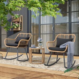 JOIVI 3 Piece Outdoor Rocking Chair Set, PE Wicker Patio Porch Furniture Set, Rocking Bistro Conversation Set with Glass Coffee Table and Black Cushions for Balcony, Garden, Front Porch, Indoor