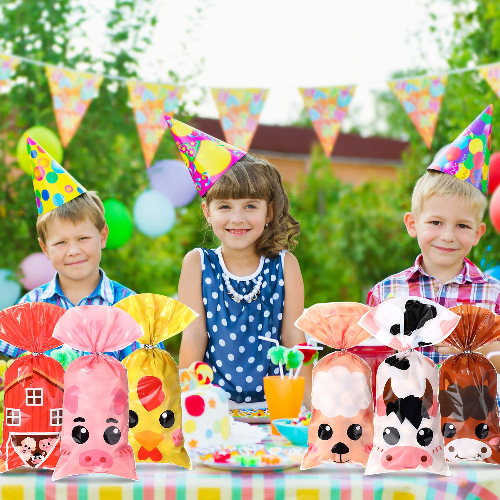 Pajean 120 Pieces Farm Animal Party Favor Bags, Plastic Candy Goodies Gift Treat Bags Farmhouse Decor for Baby Shower Boys Girls Kids Happy Birthday Party Decorations Supplies