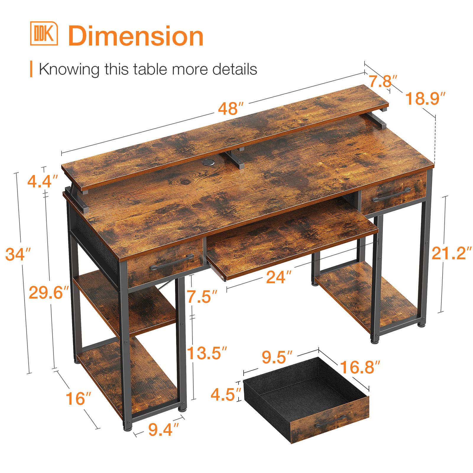 ODK Computer Desk, 48 inch Office Desk with Keyboard Tray, Writting Desk with Drawers and Monitor Stand, Study Table with CPU Stand and Removable Shelf for Storage, Rustic Brown