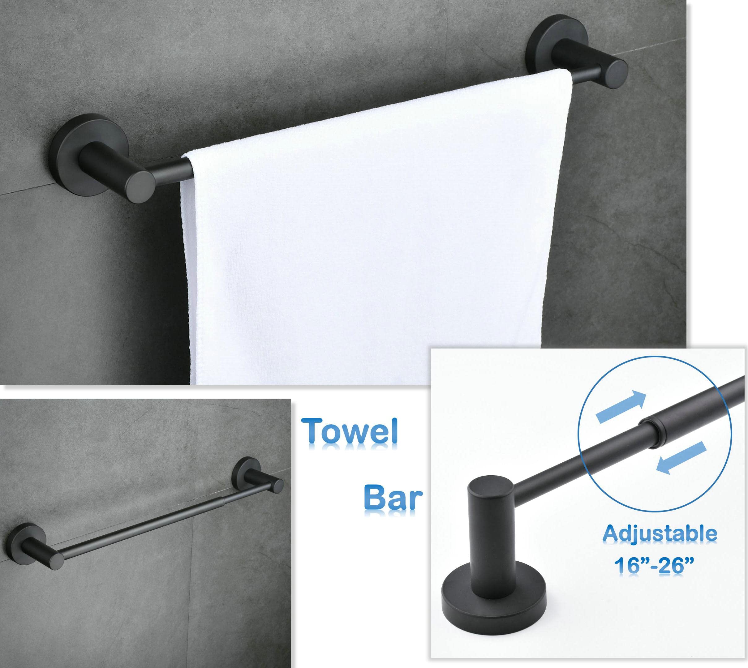 SHUNLI 5-Piece Bathroom Hardware Accessories Set Matte Black (Towel Bar Adjustable 16” to 26”, Toilet Paper Holder, Towel Ring, 2 PCS Towel Hook) Wall Mounted, SUS304 Stainless Steel