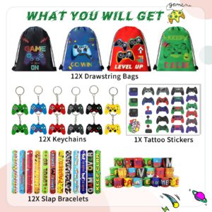 61 Pcs Video Game Party Favors, Gamer Party Favors Bags Includes 12 Pcs16 x 13 Inch Video Game Party Drawstring Bags Slap Bracelets Keychains Tattoo Stickers for Kids Gaming Party Favors