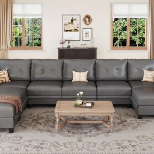 LLappuil Modular Sectional Sofa with Reversible Chaise, U Shaped Couch with Storage, Modern Faux Leather Fabric Sofa with Ottoman, Oversized Sectionals for Living Room, 8 Seat, Dark Grey