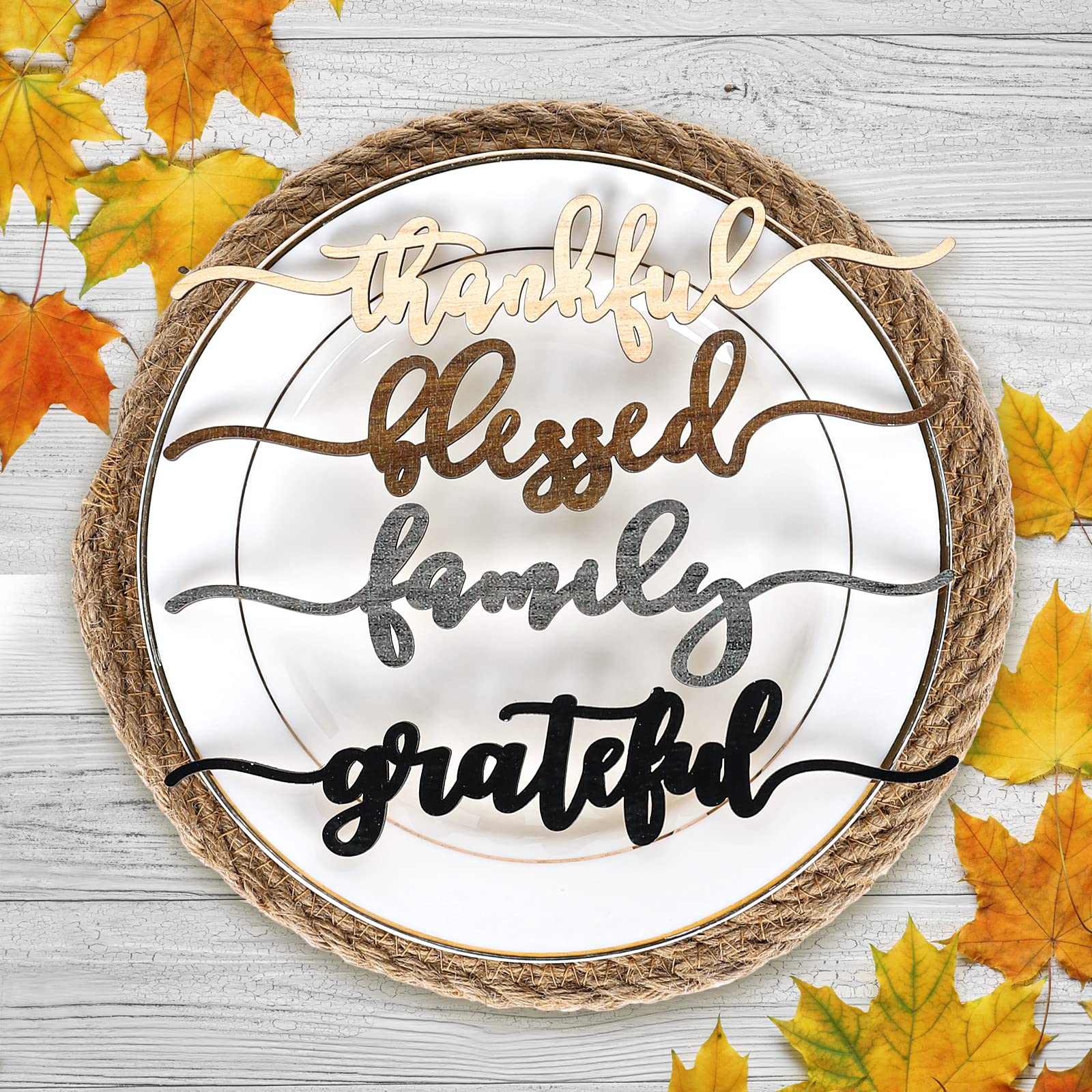 Whaline 12Pcs Fall Thanksgiving Plate Decoration Grateful Thankful Blessed Family Wooden Cutout Cards Sign Autumn Harvest Table Plate Ornament for Home Table Farmhouse Party Supplies