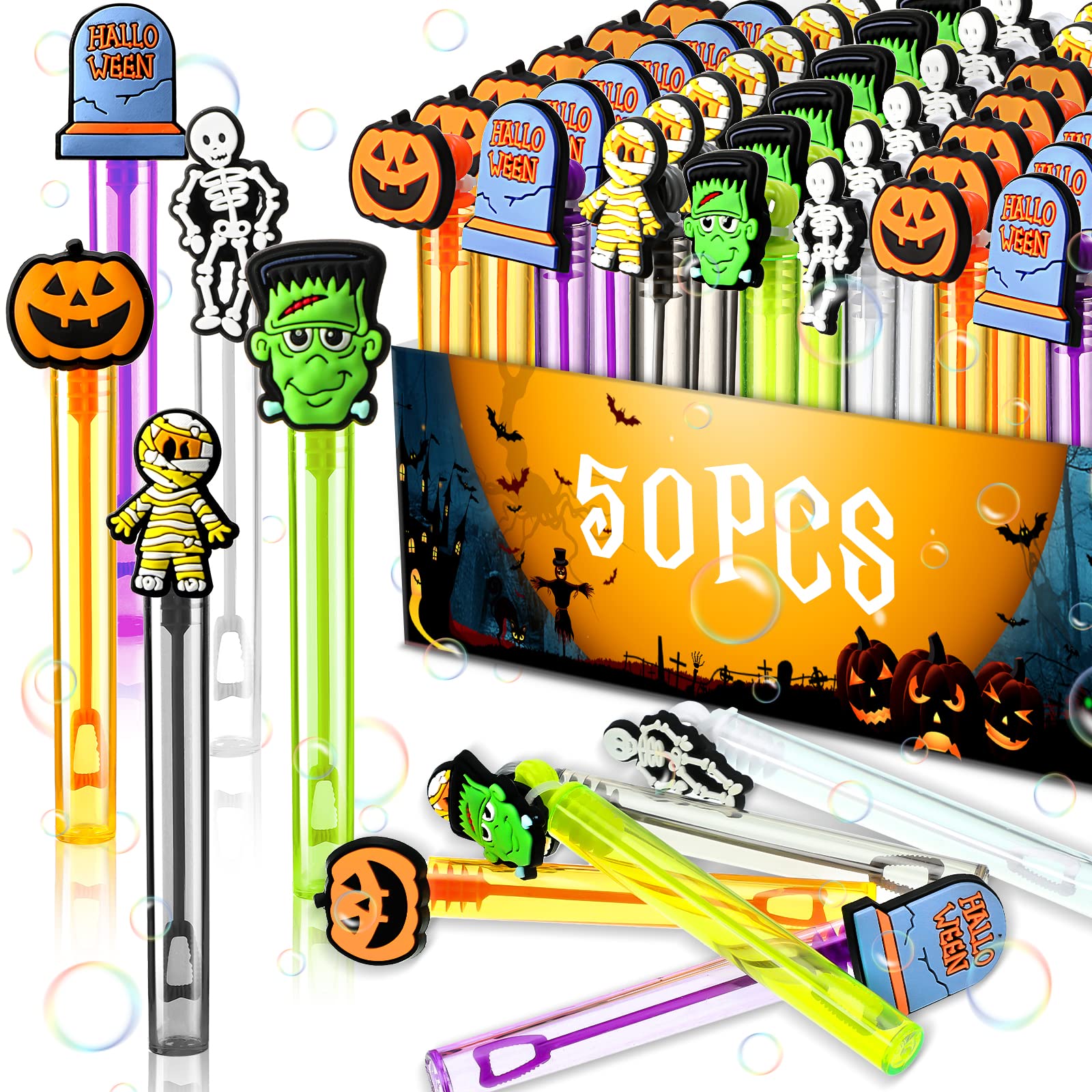 Mini Bubble Wands Halloween Bubbles for Party Favor Decoration Halloween Bat Candy Corn Pumpkin Ghost Mini Bottle Wand Tubes for Halloween Party Supplies No Liquid(Zombie,50 Packs)