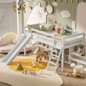 TOLEAD Low Loft Bed with Slide, Wood Twin Loft Bed Frame with Climbing Ladder & Storage Space for Kids Toddler (White)