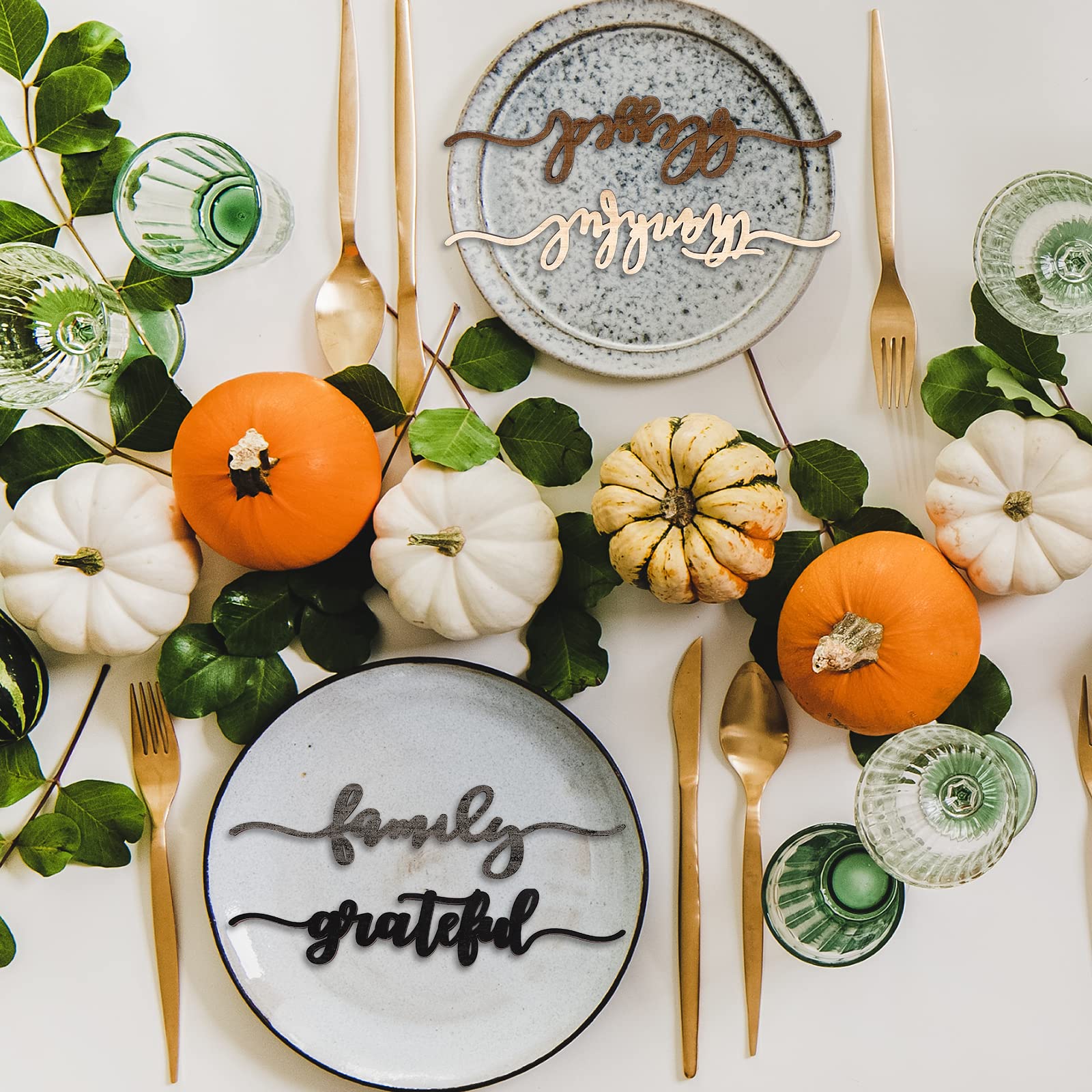 Whaline 12Pcs Fall Thanksgiving Plate Decoration Grateful Thankful Blessed Family Wooden Cutout Cards Sign Autumn Harvest Table Plate Ornament for Home Table Farmhouse Party Supplies