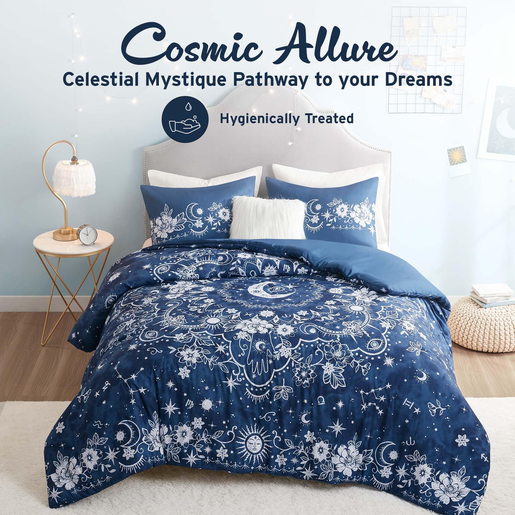 Intelligent Design Queen Duvet Cover Set Cosmic, Moon and Sun Celestial Print Duvet Cover Queen Size, Lightweight All Season Bedding Cover Queen, Sham, Décor Pillow, Stella, Full/Queen, Navy 5 Piece