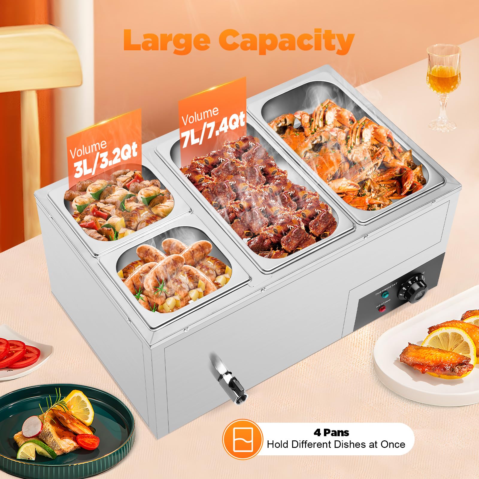 110V 4-Pan Commercial Buffet Food Warmer,850W Electric Stainless Steel Steam Table with Temperature Control,Professional Buffet Server Food Warming Tray for Catering and Restaurants Use