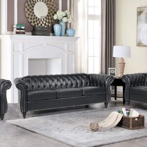 RARZOE Modern 2 Pieces Living Room Sofa Set, Contemporary Tufted Button Faux Leather Three-Seater Couch and Chesterfield Loveseat with Nailhead Trim Scroll Arms for Home Furniture (Black)