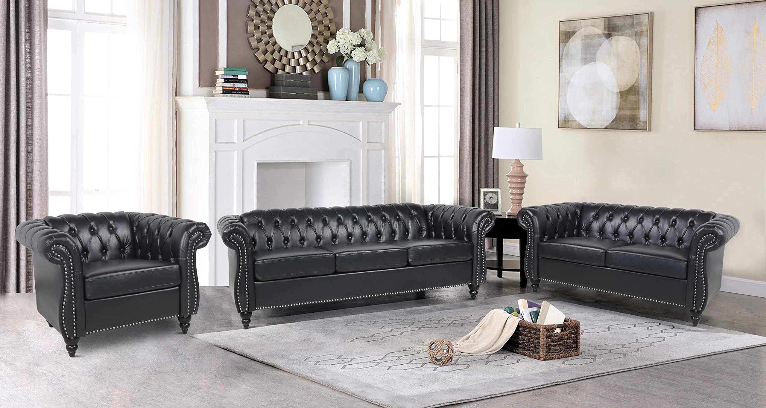 RARZOE Modern 2 Pieces Living Room Sofa Set, Contemporary Tufted Button Faux Leather Three-Seater Couch and Chesterfield Loveseat with Nailhead Trim Scroll Arms for Home Furniture (Black)