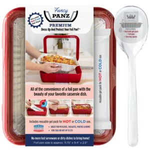 fancy panz premium, serving tray for food, made in the usa foil pan carrier, stackable aluminum pan holders, travel casserole carrier, red