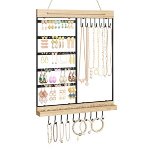 feyejade hanging jewelry organizer, 5-tier wall earring holder with wooden ring groove, jewelry rack wall mounted for earrings, necklaces, bracelets and rings, jewelry holder stand