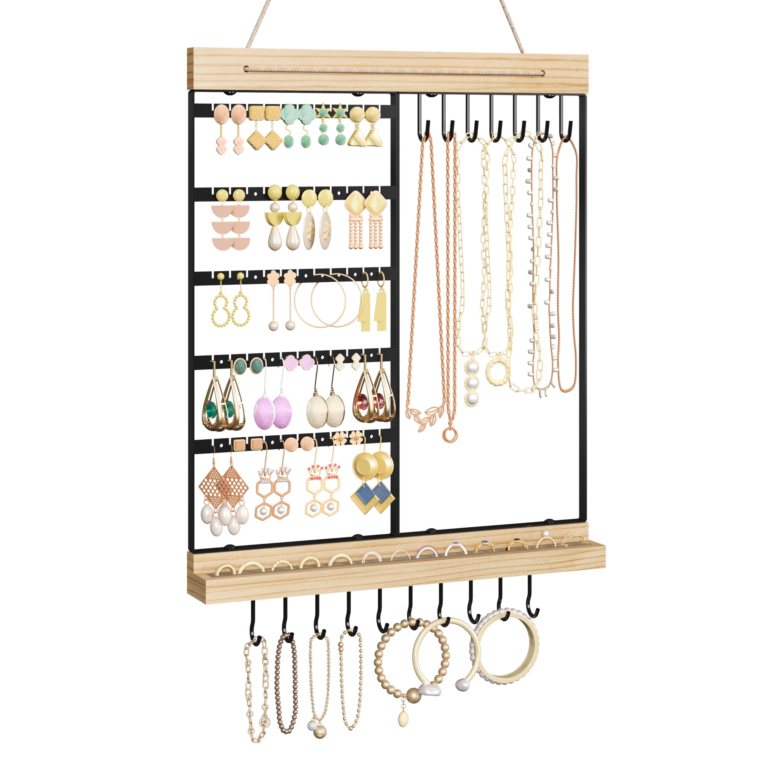 Feyejade Hanging Jewelry Organizer, 5-Tier Wall Earring Holder with Wooden Ring Groove, Jewelry Rack Wall Mounted for Earrings, Necklaces, Bracelets and Rings, Jewelry Holder Stand