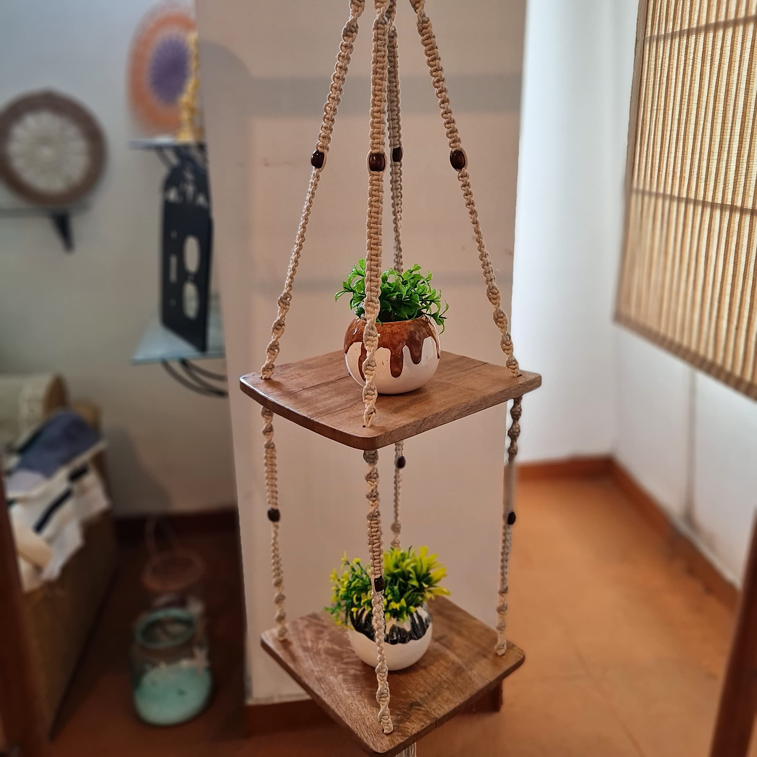 OAM Elegant Hanging Shelf - Wood Hanging Shelves - Farmhouse Rope Shelves for Bedroom Living Room Bathroom | Hanging Plant Shelf - Square 2 Tier Floating Shelf (Triangle Mount) | Black Beads