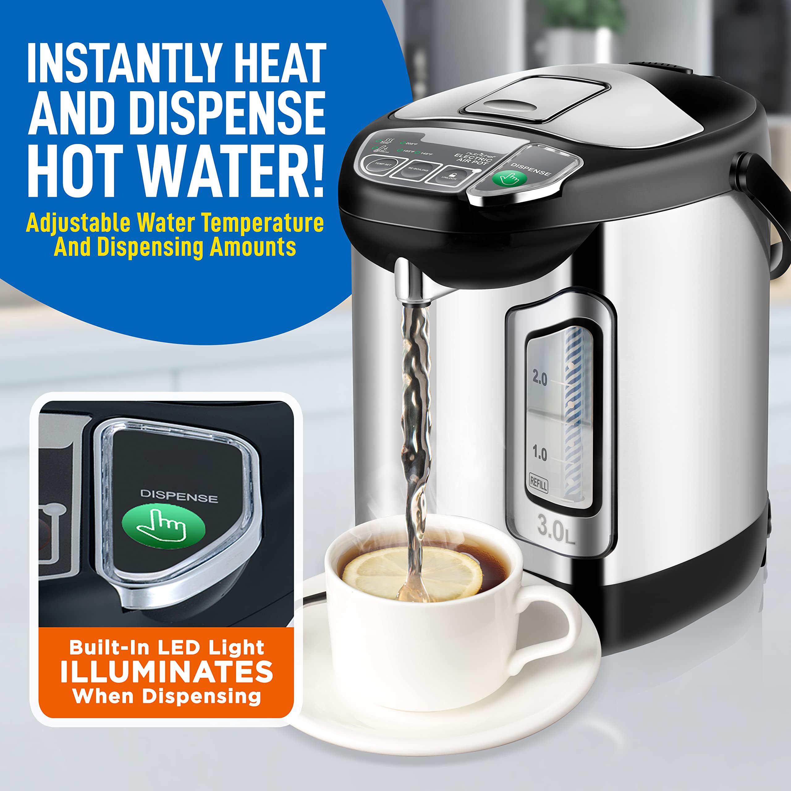 NutriChefKitchen Electric Water Boiler and Warmer - 3L/3.17 Qt Stainless Steel Electric Hot Water Dispenser w/Rotating Base, Auto Shut Off, Safety Lock, Instant Heating for Coffee & Tea (NCHUB13)