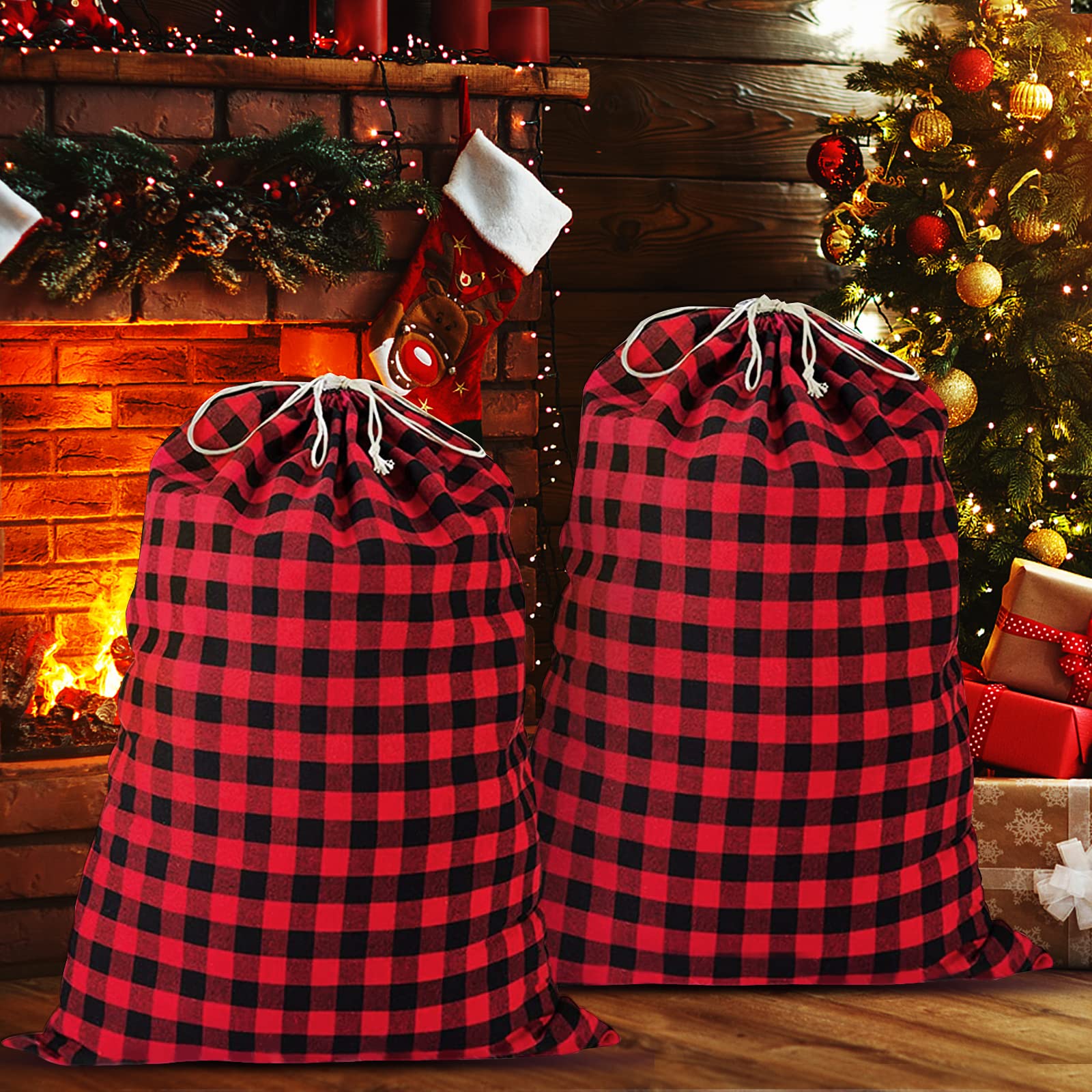 35''x55''Jumbo Christmas Drawstring Gift Bags,2PCS Cotton Santa Bag, Buffalo Plaid Christmas Gift Bags Santa Sack with Drawstring,Heavy Christmas Bags for Christmas Holiday Gift Giving and Party Decor