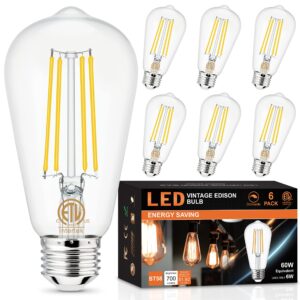 hansang dimmable edison light bulbs e26 led bulb 60 watt equivalent, 4000k natural daylight vintage light bulbs e26 standard base, antique st58 6w led filament bulb,cri 85+, clear glass, 700lm, 6 pack