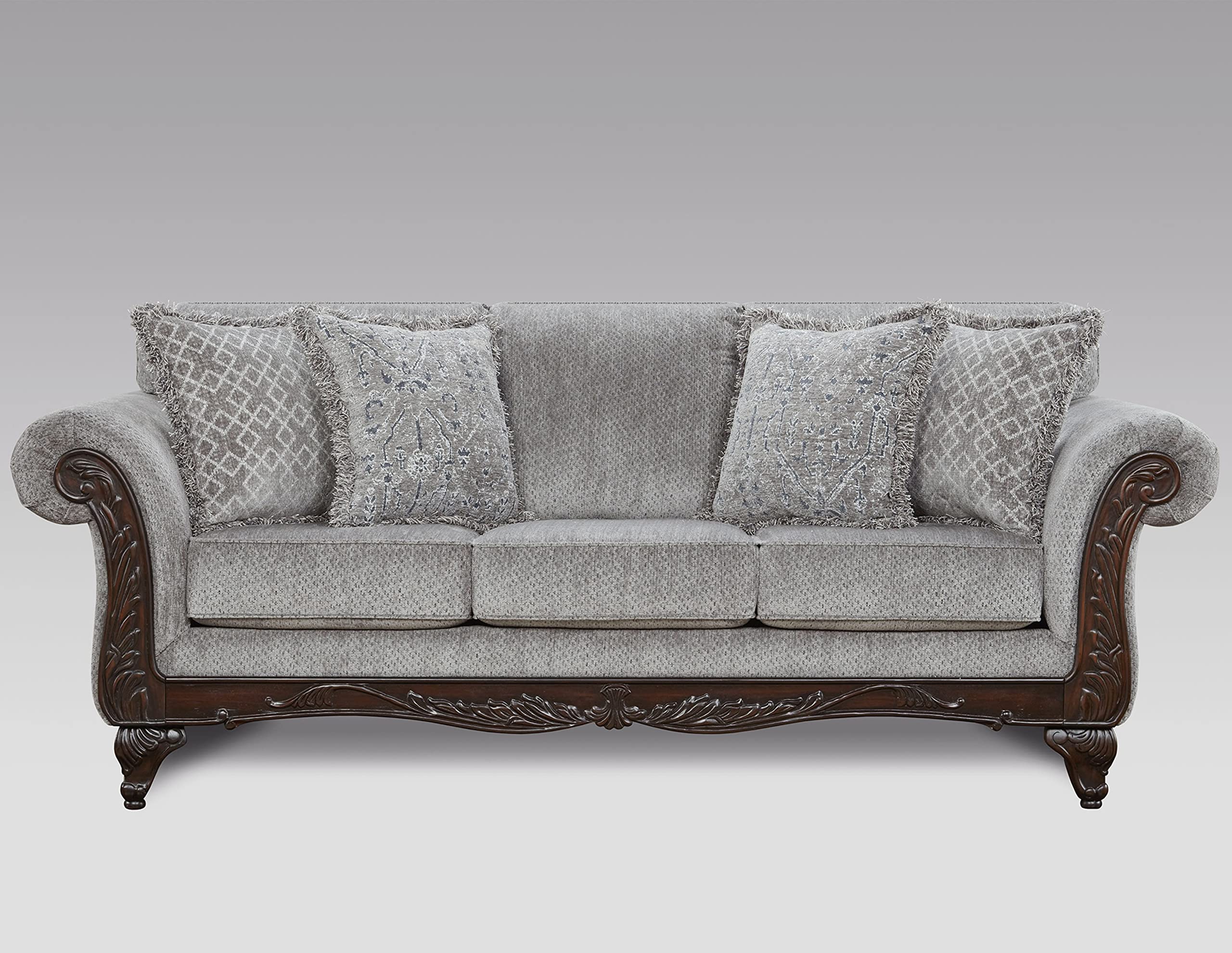 Roundhill Furniture Hernen Carved Wood Frame Sofa, Gray