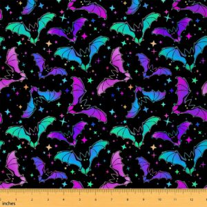 halloween bat fabric by the yard glitter stars galaxy upholstery fabric for kids child, cartoon gothic bats decorative fabric for quilting sewing diy gift, 1 yard,teal blue green purple