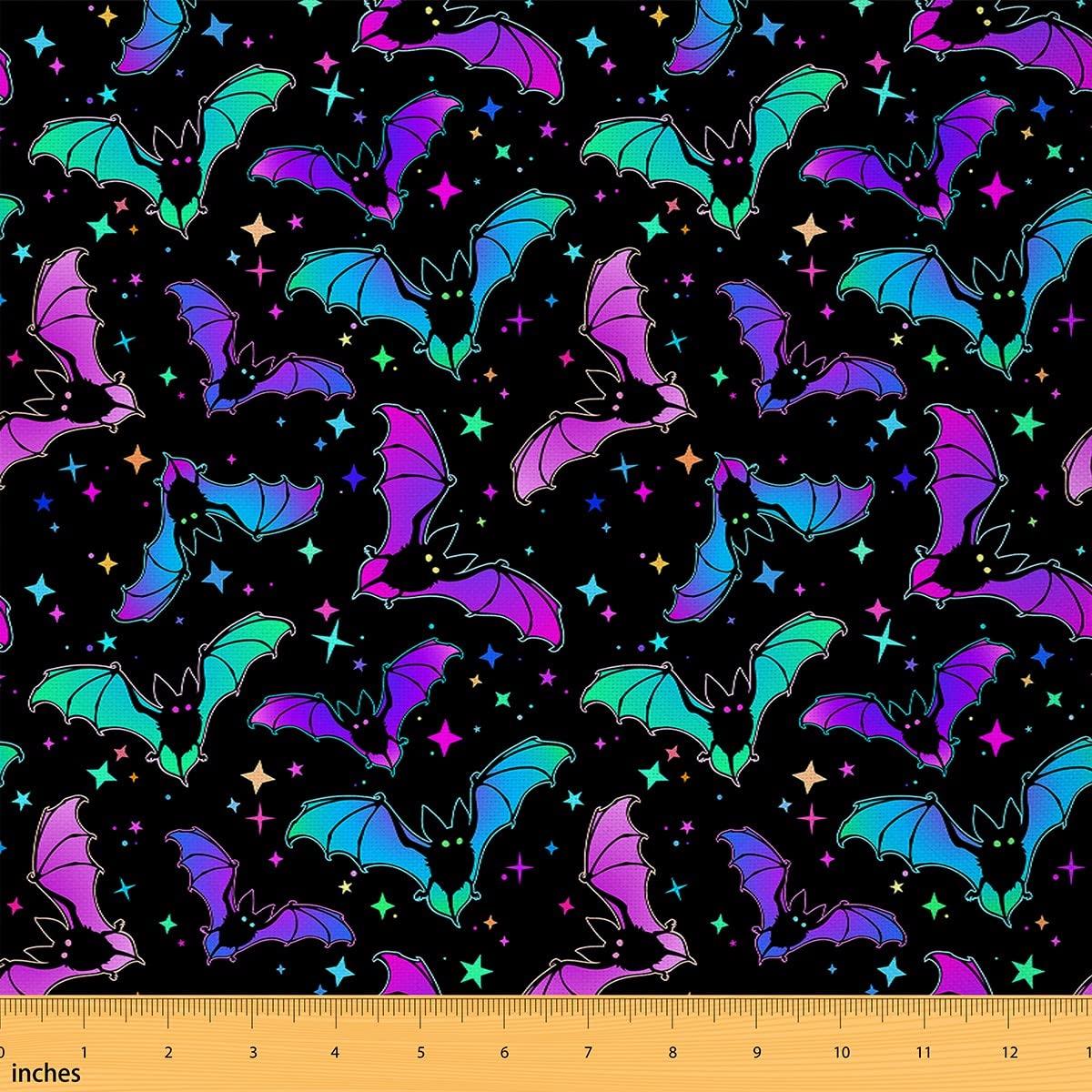 Halloween Bat Fabric by The Yard Glitter Stars Galaxy Upholstery Fabric for Kids Child, Cartoon Gothic Bats Decorative Fabric for Quilting Sewing DIY Gift, 1 Yard,Teal Blue Green Purple