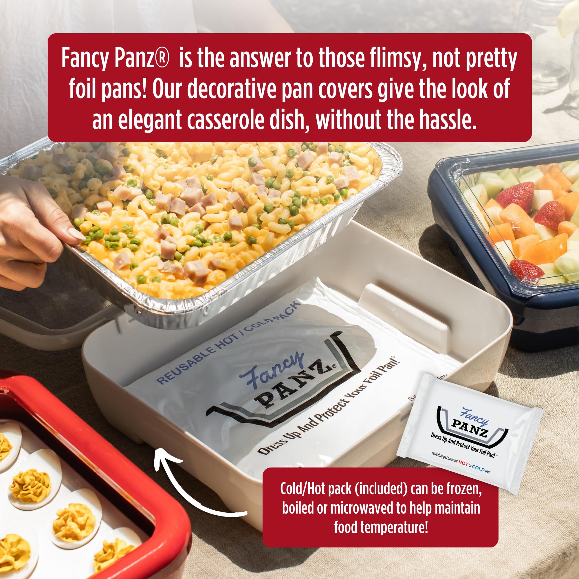 Fancy Panz Premium, Serving Tray for Food, Made in the USA Foil Pan Carrier, Stackable Aluminum Pan Holders, Travel Casserole Carrier, White