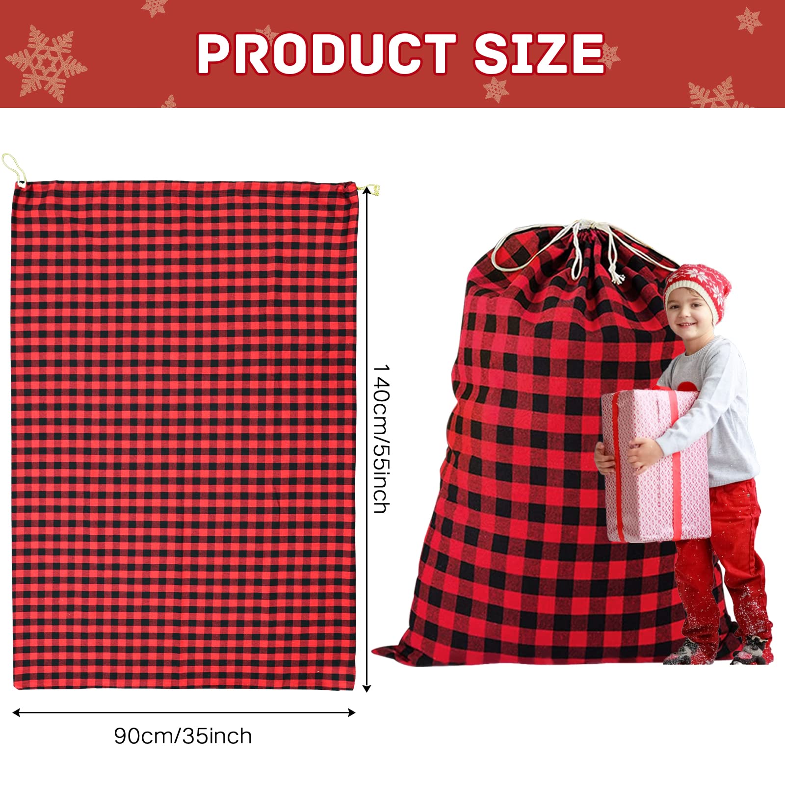 35''x55''Jumbo Christmas Drawstring Gift Bags,2PCS Cotton Santa Bag, Buffalo Plaid Christmas Gift Bags Santa Sack with Drawstring,Heavy Christmas Bags for Christmas Holiday Gift Giving and Party Decor