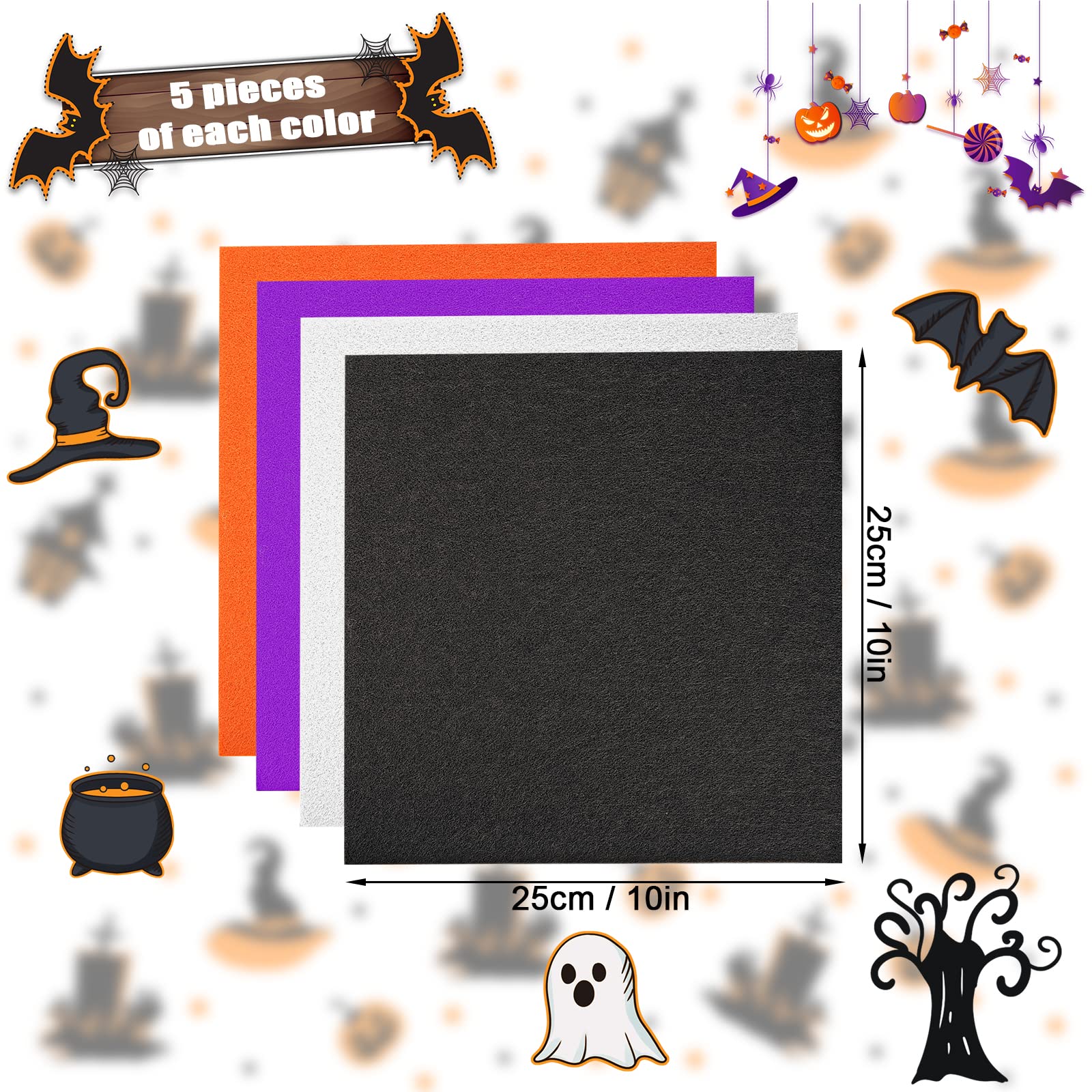 AIEX 24pcs 10 x 10 Inch Halloween Felt, Felt Fabric Sheets 1mm Thick Stiff Felt Squares for DIY Crafts Patchwork Sewing Decorative Projects(Black, White, Orange, Purple)