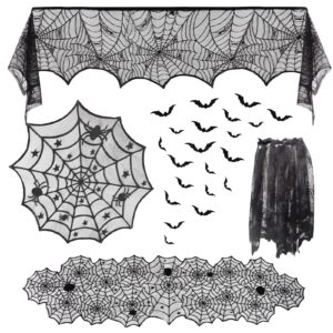 5 pack halloween spider decorations sets,halloween table runner,cobweb fireplace mantel scarf,round lace spider table topper and lampshade,16pcs 3d bats for halloween table decors party supplies