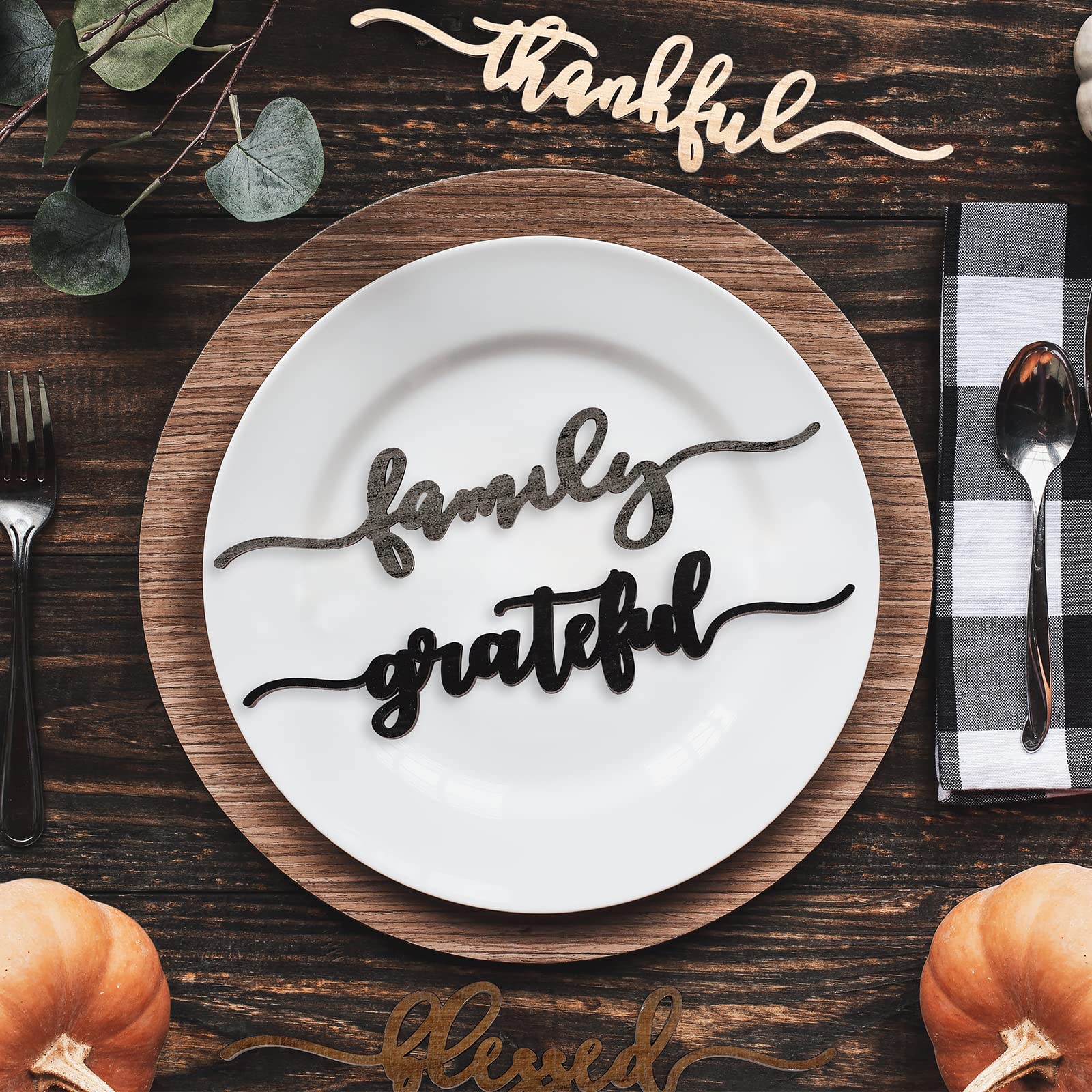 Whaline 12Pcs Fall Thanksgiving Plate Decoration Grateful Thankful Blessed Family Wooden Cutout Cards Sign Autumn Harvest Table Plate Ornament for Home Table Farmhouse Party Supplies