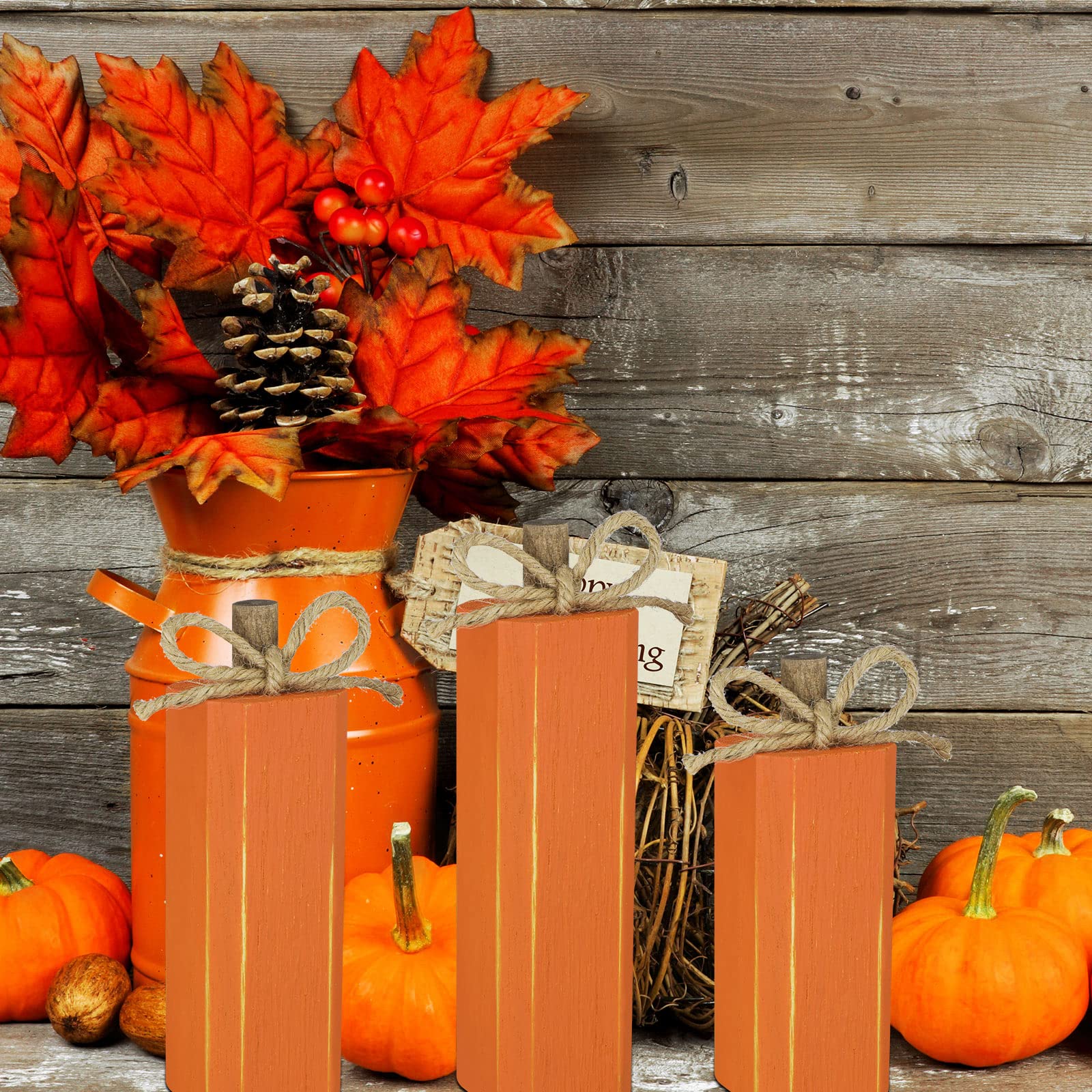 3 Pcs Wooden Fall Thanksgiving Decor Fall Tiered Tray Decor Wood Firework Fall Centerpieces Decorations Farmhouse Tabletop Block Sign for Fall Thanksgiving Autumn Decor (Pumpkin)