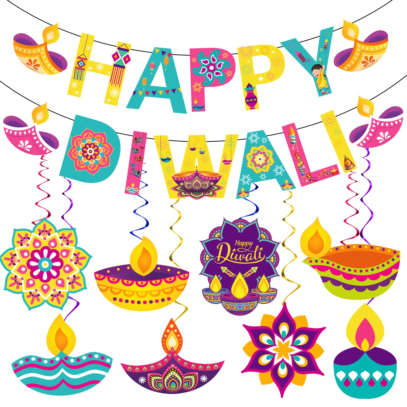 Diwali Decorations Happy Diwali Banner Hanging Swirls Kit Diwali Decor Hanging Decorations Diwali Rangoli Diya Hanging Decors for House Happy Diwali Banner for Home