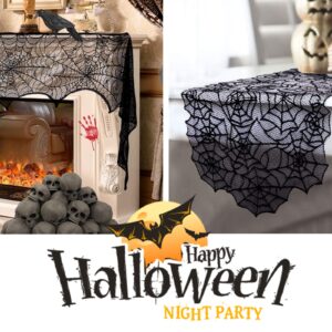 5 Pack Halloween Spider Decorations Sets,Halloween Table Runner,Cobweb Fireplace Mantel Scarf,Round Lace Spider Table Topper and Lampshade,16pcs 3D Bats for Halloween Table Decors Party Supplies