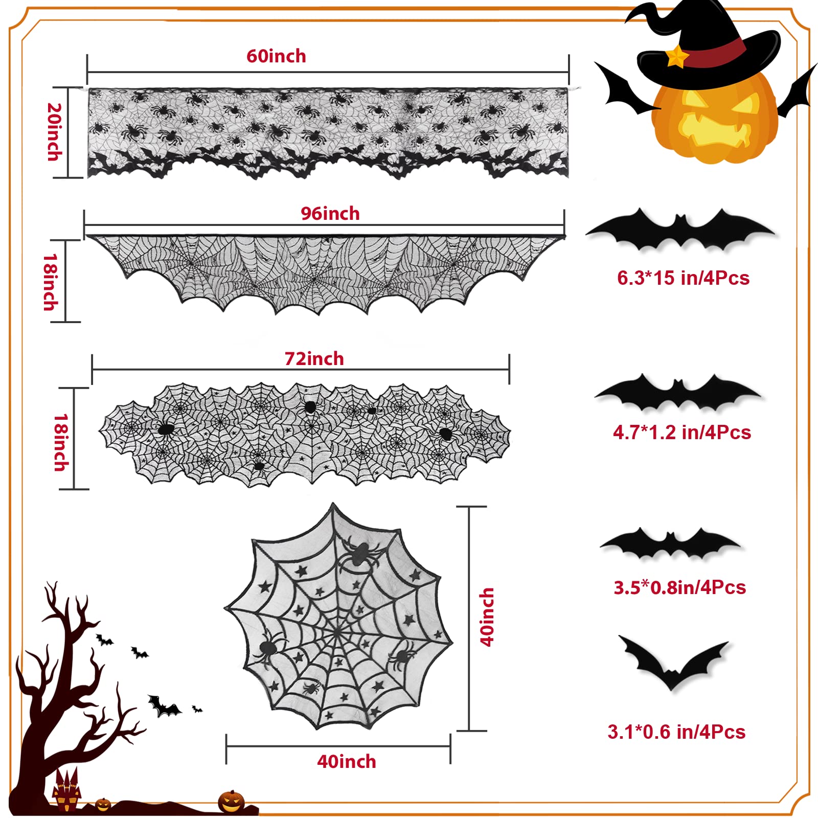 5 Pack Halloween Spider Decorations Sets,Halloween Table Runner,Cobweb Fireplace Mantel Scarf,Round Lace Spider Table Topper and Lampshade,16pcs 3D Bats for Halloween Table Decors Party Supplies