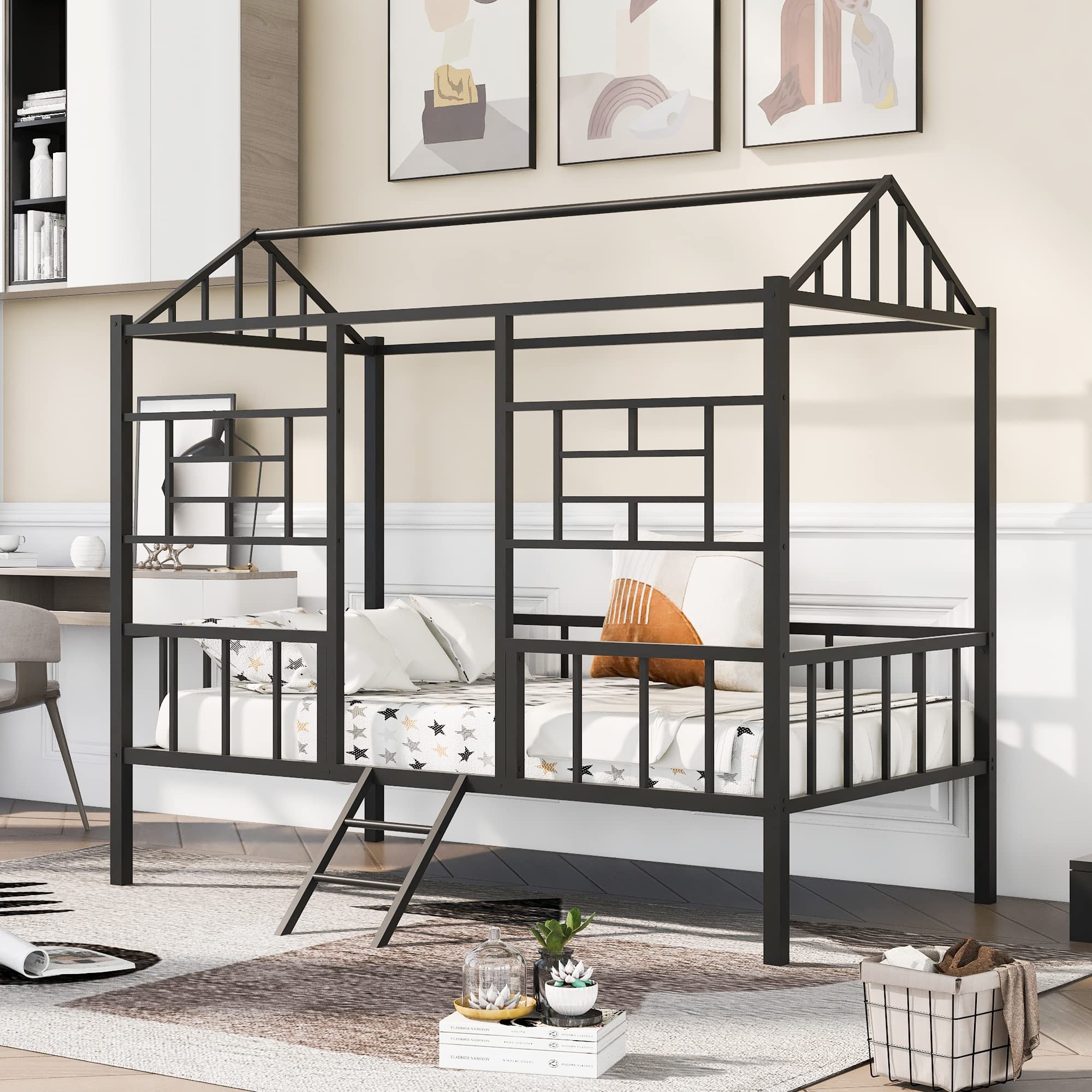 Bellemave House Bed Twin Size Kids Bed Frame Metal Platform Bed Frame, No Box Spring Needed, for Girls Boys (Black)