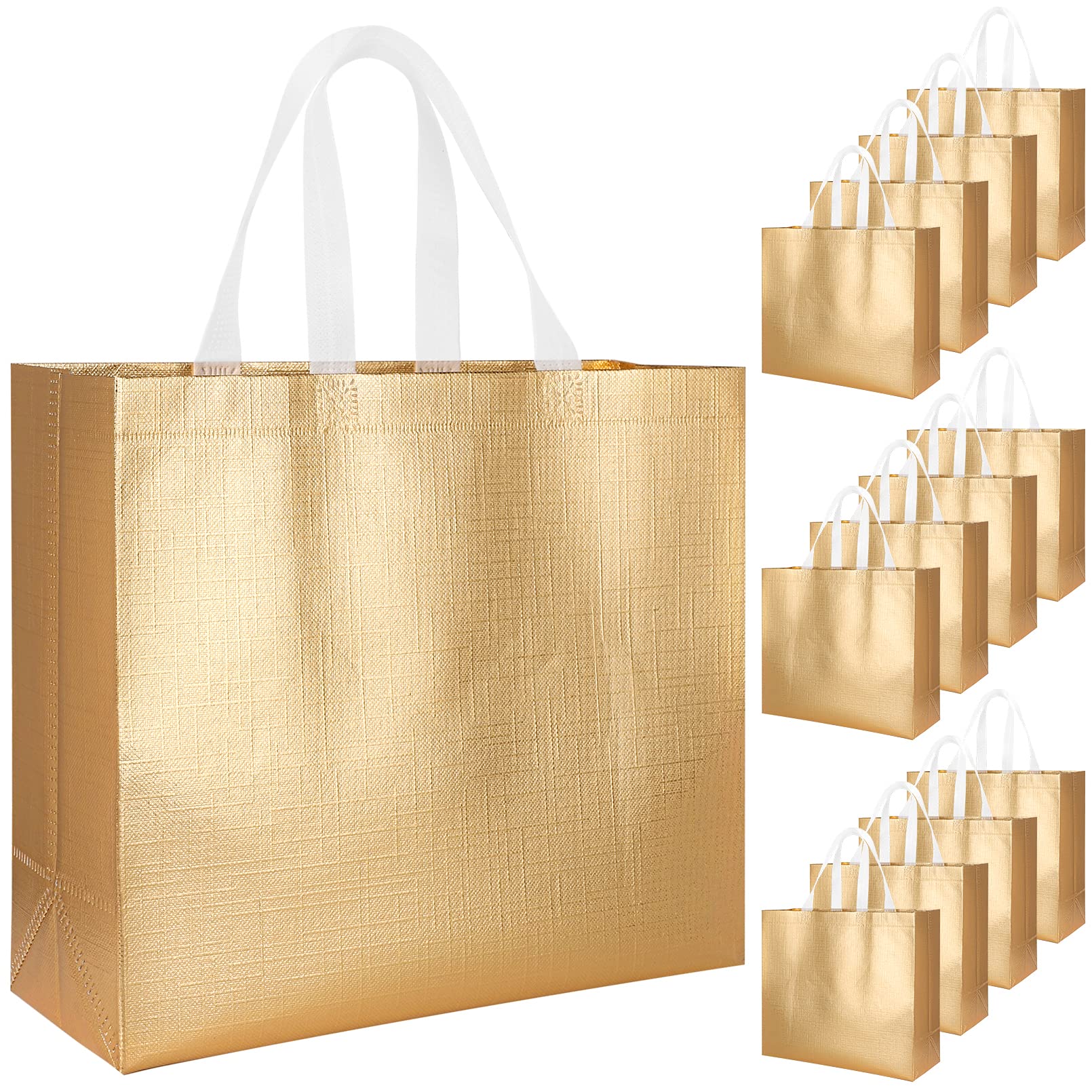 Rikkmte 12Pcs Reusable Gift Bags,Gold Glossy Tote Bags with Handle,Glossy Finish Grocery Bag,Non-woven Shopping Bags,Foldable Bridesmaids Bags Gift Bags for Women Bridesmaid Wedding Birthday Party