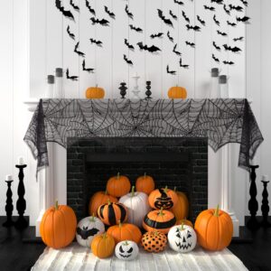 5 Pack Halloween Spider Decorations Sets,Halloween Table Runner,Cobweb Fireplace Mantel Scarf,Round Lace Spider Table Topper and Lampshade,16pcs 3D Bats for Halloween Table Decors Party Supplies