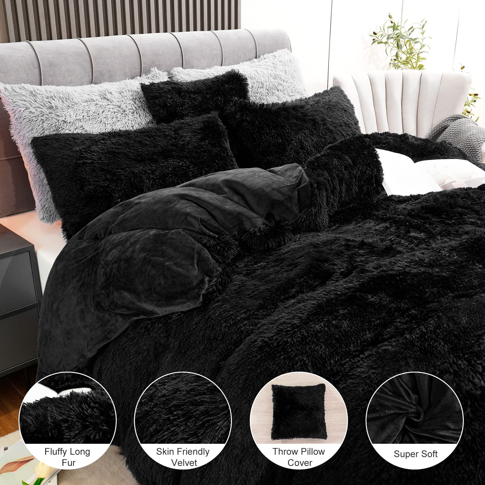 Fluffy Plush Black Duvet Cover Set, Luxury Ultra Soft Velvet Fuzzy Comforter Cover Bed Sets 4Pcs(1 Faux Fur Duvet Cover + 2 Pillow Cases + 1 Pillow Cover) Zipper Closure (Queen, Black)