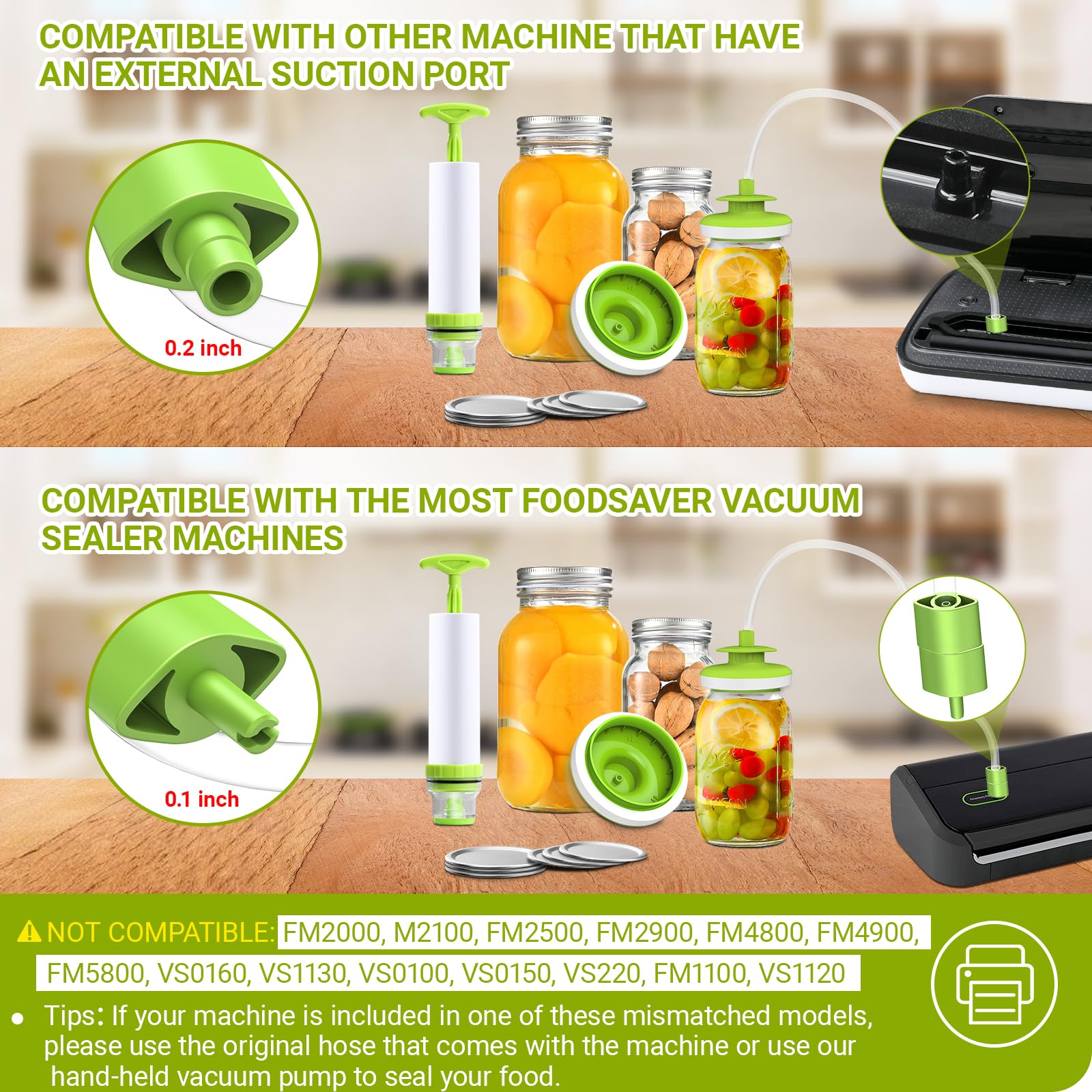 Mason Jar Vacuum Sealer for Foodsaver, Canning Jars Vacuum Sealer, Vacuum Sealer Kit Attachment for Wide/Regular Mouth Jar,with Manual Portable Pump and Accessory Hose