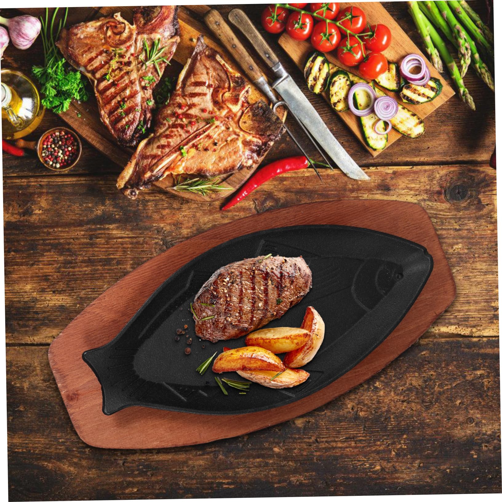 Operitacx Cast Iron Pan 1 Set Fish Shaped Frying Pan with Wood Base Cast Iron Grilling Griddle Plate Japanese Teppanyaki Steak Frying Pan Barbecue Pan For Home Kitchen Cast Iron Pizza Pan