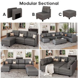 LLappuil Modular Sectional Sofa with Reversible Chaise, U Shaped Couch with Storage, Modern Faux Leather Fabric Sofa with Ottoman, Oversized Sectionals for Living Room, 8 Seat, Dark Grey