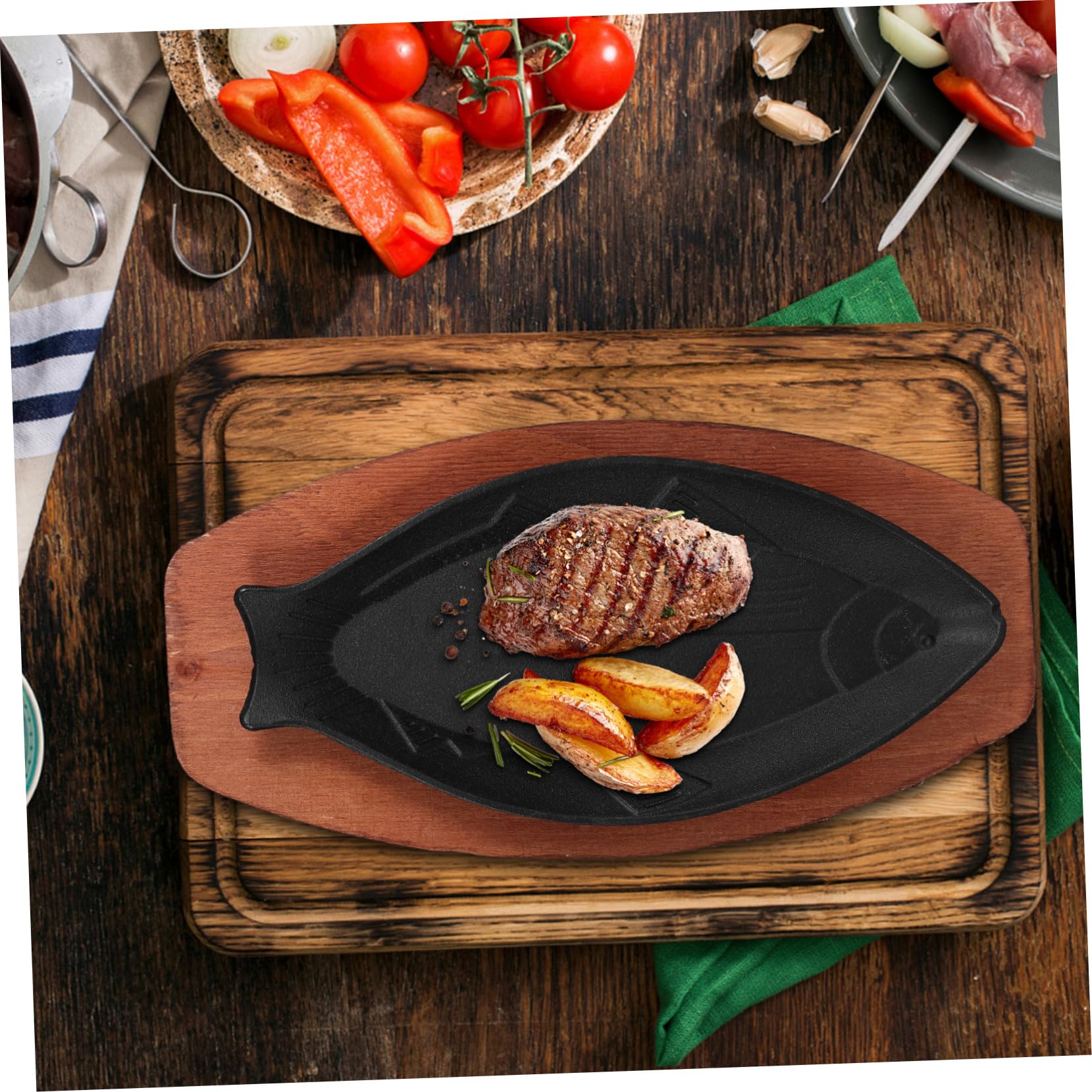 Operitacx Cast Iron Pan 1 Set Fish Shaped Frying Pan with Wood Base Cast Iron Grilling Griddle Plate Japanese Teppanyaki Steak Frying Pan Barbecue Pan For Home Kitchen Cast Iron Pizza Pan