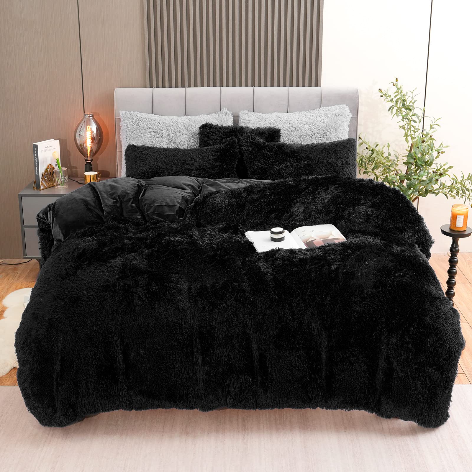 Fluffy Plush Black Duvet Cover Set, Luxury Ultra Soft Velvet Fuzzy Comforter Cover Bed Sets 4Pcs(1 Faux Fur Duvet Cover + 2 Pillow Cases + 1 Pillow Cover) Zipper Closure (Queen, Black)