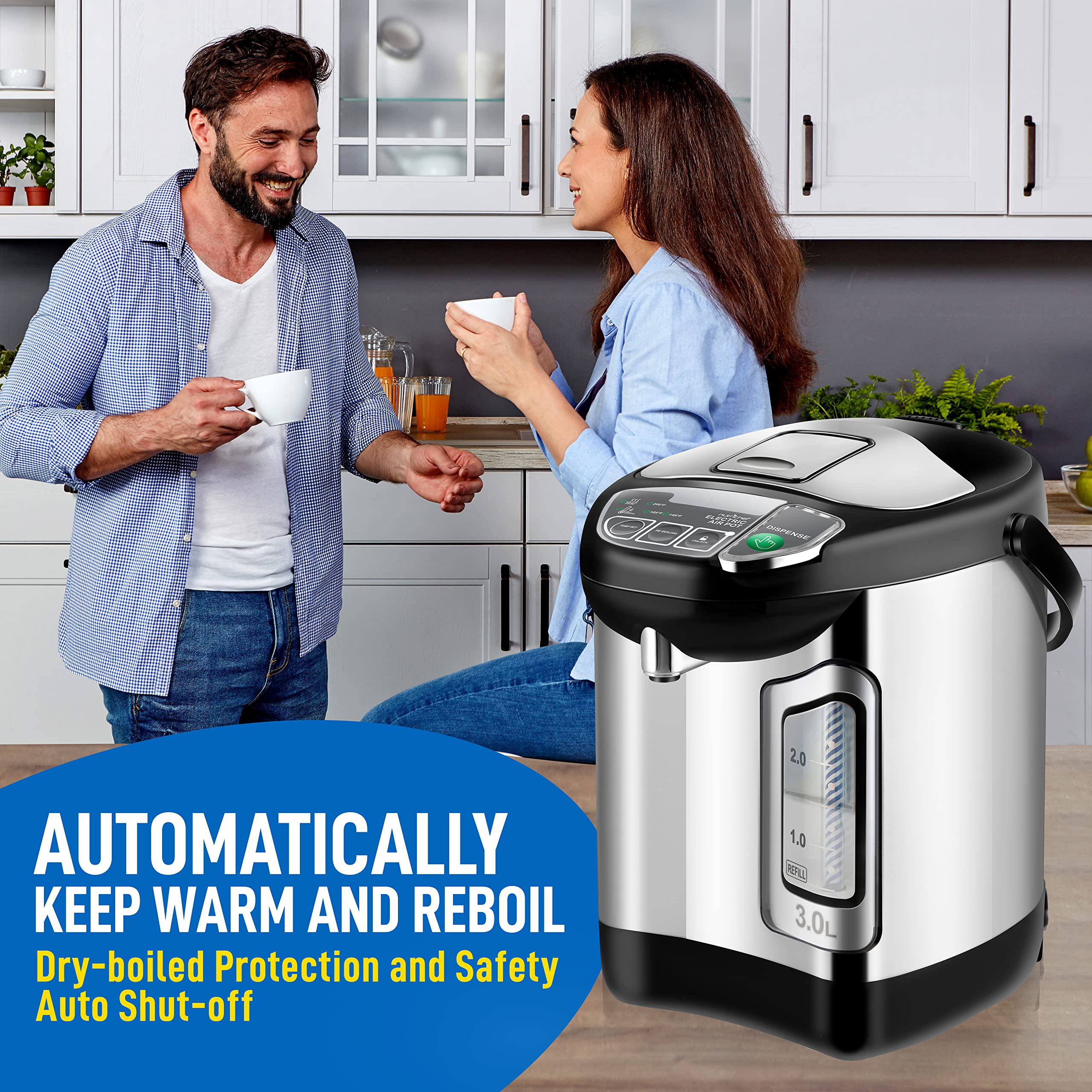 NutriChefKitchen Electric Water Boiler and Warmer - 3L/3.17 Qt Stainless Steel Electric Hot Water Dispenser w/Rotating Base, Auto Shut Off, Safety Lock, Instant Heating for Coffee & Tea (NCHUB13)