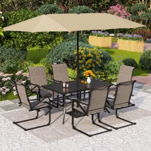 phi villa 7 piece outdoor dining set with 13ft double-sided large umbrella for 6, rectangle metal steel dining table & textilene c-spring chairs furniture set for patio (beige)